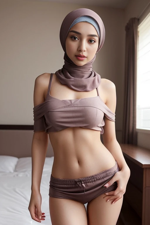 two_tone, javanese , wearing hijab, (((medium size breasts))),(((sexy))), ((hourglass figure)), lipstick, photorealistic, masterpiece, realistic, realism, photorealism, high contrast, photorealistic, 8k HD high definition detailed realistic, detailed, skin texture, hyper detailed, realistic skin texture, best quality, (photorealistic:1.4), high resolution, detailed, raw photo, photo realistic, (high detailed skin:1.2), 8k uhd, dslr, soft lighting, high quality, film grain, Fujifilm XT3), hyper realistic lifelike texture dramatic lighting unreal engine, even, neutral light, key light, bold, bright colours,