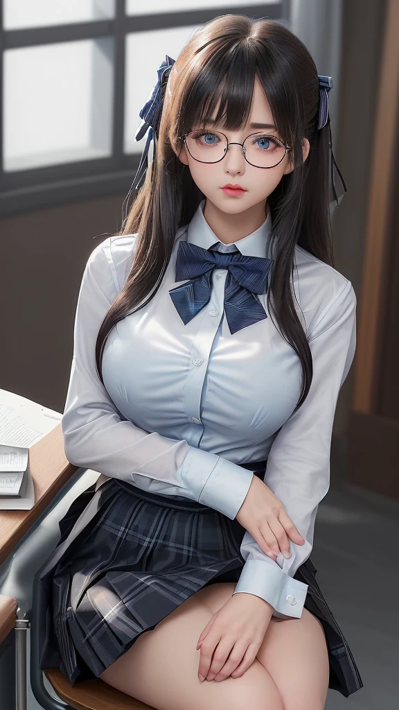 (masterpiece:1.2, highest quality), (Realistic, photoRealistic:1.4), Beautiful illustrations,
View audience, whole body, Front view:0.6,
1 girl, Japanese, high School girl, (Long Hair:1.5), Hair fluttering, (Half Up, Half Updo), bangs, Hair between the eyes, Big Breasts:0.8,
Beautiful Hair, Beautiful Face with glasses,Beautiful Eyes, Beautiful clavicle, Beautiful body, Beautiful breasts, Beautiful thighs, Beautiful legs, Beautiful fingers,
(Beautiful views), , School,
((Collared short-sleeved shirt, White shirt, , Grey plaid pleated skirt, Blue checked bow tie)), White panties,
(Are standing, , Please lift your skirt, Grab the hem of the skirt, Place your hand on your chest, Place your hands between your legs),
blush,