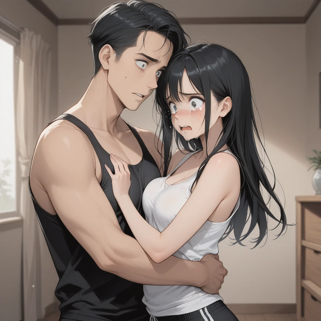 A brunette girl with a chubby build, Long black hair, black eyes, She hugs a boy, The boy has black hair, His eyes are brown and the boy&#39;s skin is white., The boy is tall and has a slim build.. 