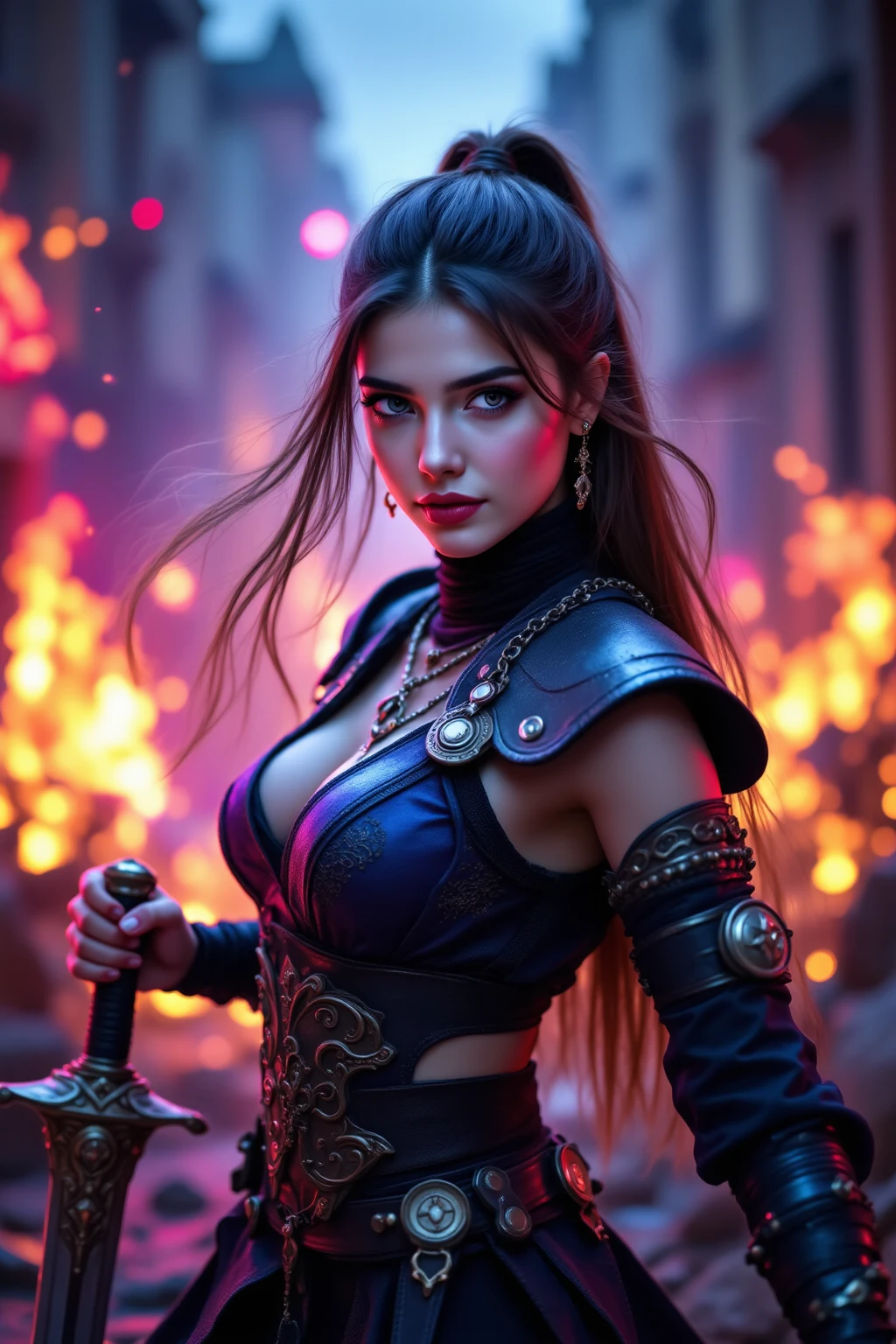 Masterpiece, highest Quality, Highest Resolution, prefect anime style, anime lighting, anime face, 1girl, solo, long hair, brown hair, brown eyes, jewelry, weapon, sword, necklace, lips, tattoo, weapon on back, medium breasts