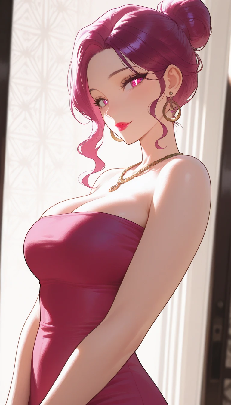 (Masterpiece, BestQuality:1.3), (ultra detailed:1.2), (hyperrealistic:1.3), (RAW photo:1.2), High detail RAW color photo, professional photograph, (Photorealistic:1.4), (realistic:1.4), professional lighting, perfect anatomy, (Big Breasts:1.2), (blush, detailed face), (cheerful Smile:1.5), (Pink Hair:1.5), Trending Hair&Trending Hairカラーをランダムに, earrings, necklace, bracelet, sexly, erotic sexly, Random sexy gravure poses, (Beautiful woman in a red evening dress、Ruby Earrings、The background is a marble hall、pose gracefully。: 1.3)