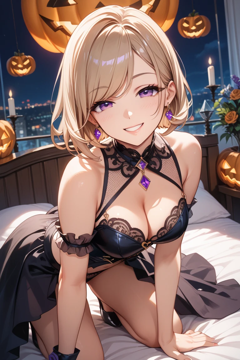 masterpiece, best quality, (Medicine Melancholy:1),1girl,smile, blonde hair, short hair,ribbon,blue eyes,black shirt,purple skirt, purple bow,purple background, huge breasts, covered breasts, evil grin, looking at viewer, thick eyelashes, evil face, poison, purple mist, poisonous mist, poisonous gas, photorealistic, {{{Masterpiece}}}, {{{detailed}}} {{{high Resolution}}}, colorful, {{{cinematic lighting}}}, {{detailed}}, 4K, Touhou, Medicine Melancholy,