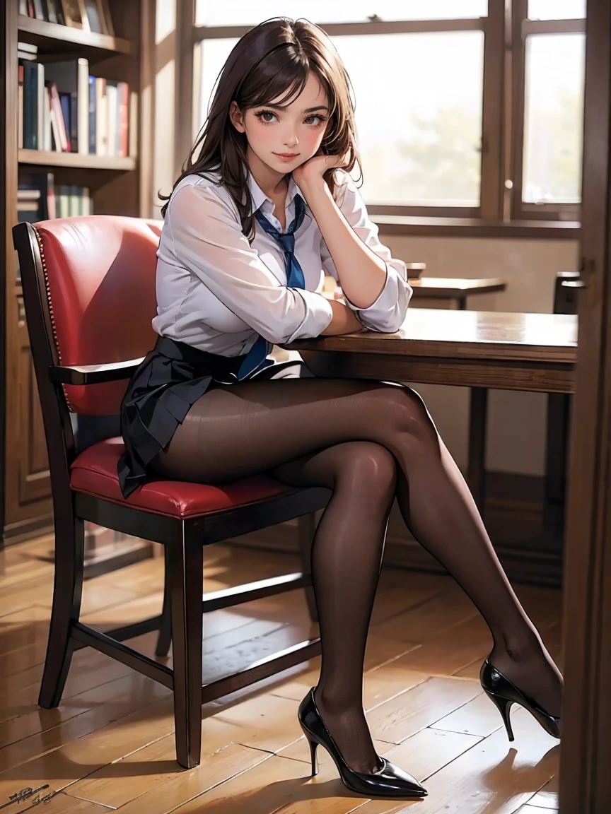 anime, beautiful face, highly detailed face, two exact legs、detailed eyes, highly detailed background, perfect lighting, Accurate weapons, accurate hands, precise fingers, full body, 1 girl, alone, Ruby Hoshino, oshi no ko, indoors, Detailed heels, Detailed thighs, disorganized, High resolution, super sharp, 8K, masterpiece, looking at the viewer, elegant pose, (full body:1.4), inside the school, In the classroom, sitting on a chair in the classroom, uniform, school skirt, cleavage, Wear one school tie