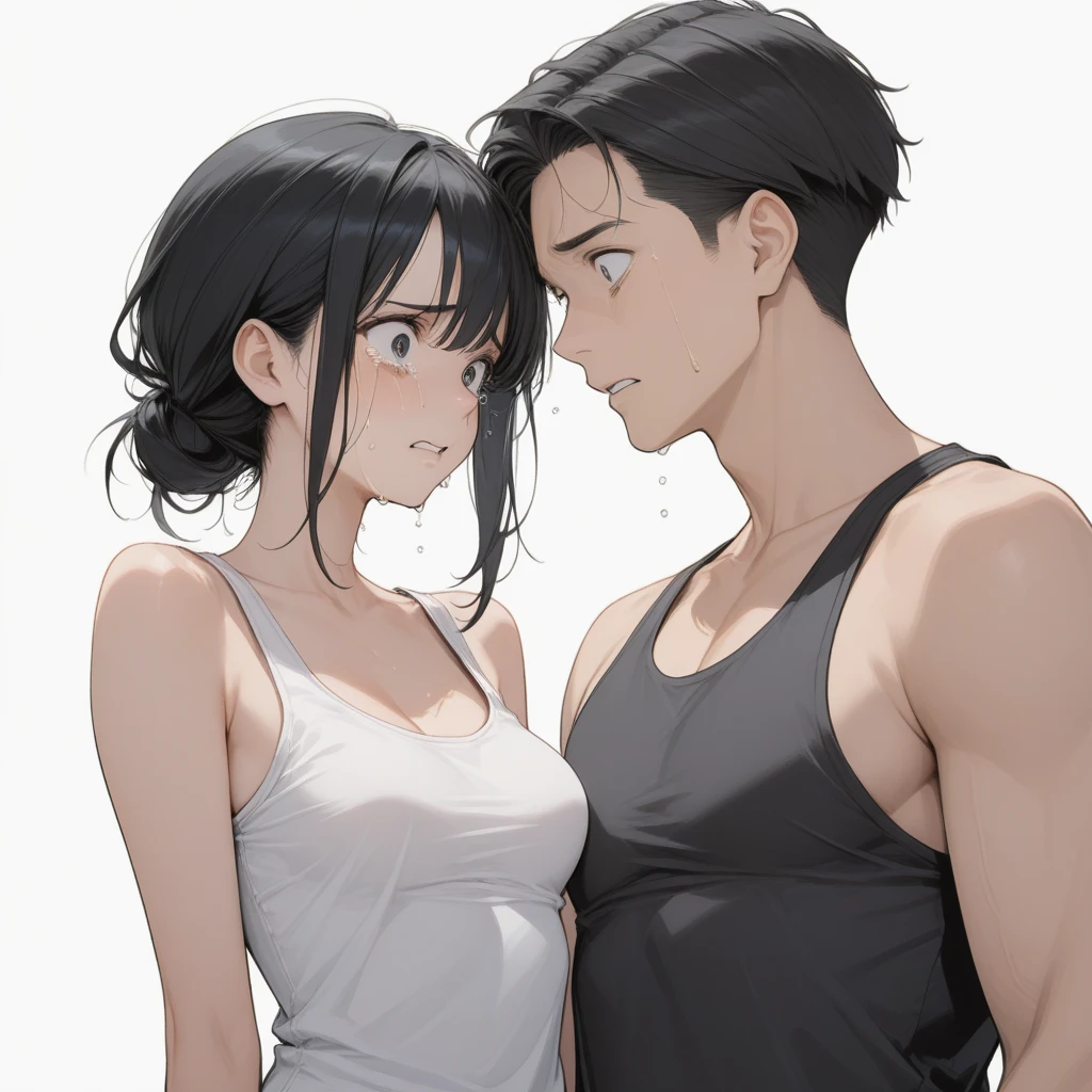 muscular MAN with black hair and black tshirt and woman with black hair and black dress staring into each other with white background, with their full body