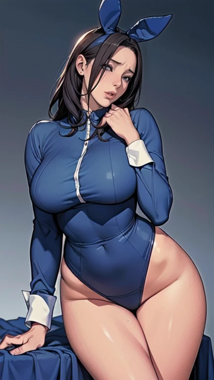 dono, a woman, black underwear, ((gray skin)), black spot on left eye, short black hair, ((most beautiful dark blue eyes)), serious expression, squatting, (big butt), looking at the viewer, bubble butt, bedroom, night, fat, barefoot, almost naked, (black top), tight underwear, thick thighs