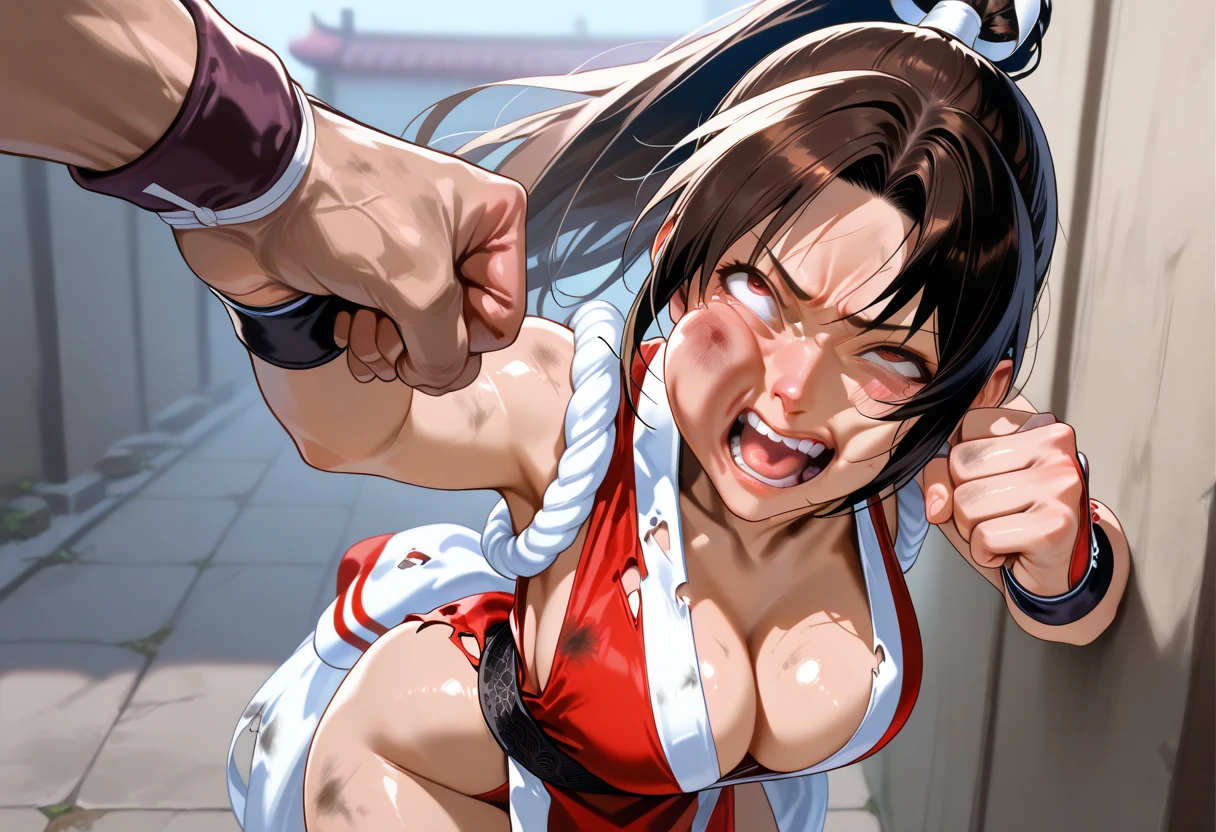 full body, a male streetfighter  is raping a beautiful Japanese female streetfighter, the female streetfighter lost fighting in the backstreet, She is lying up, blood is dripping from her nose, She is covered in scars and bruises, she is damaged terribry, Short cut black hair, out of breath, drooling from mouth, crying, exhausted, drenched in sweat, Erect nipples, open finger glove, ,She is covered in sperm