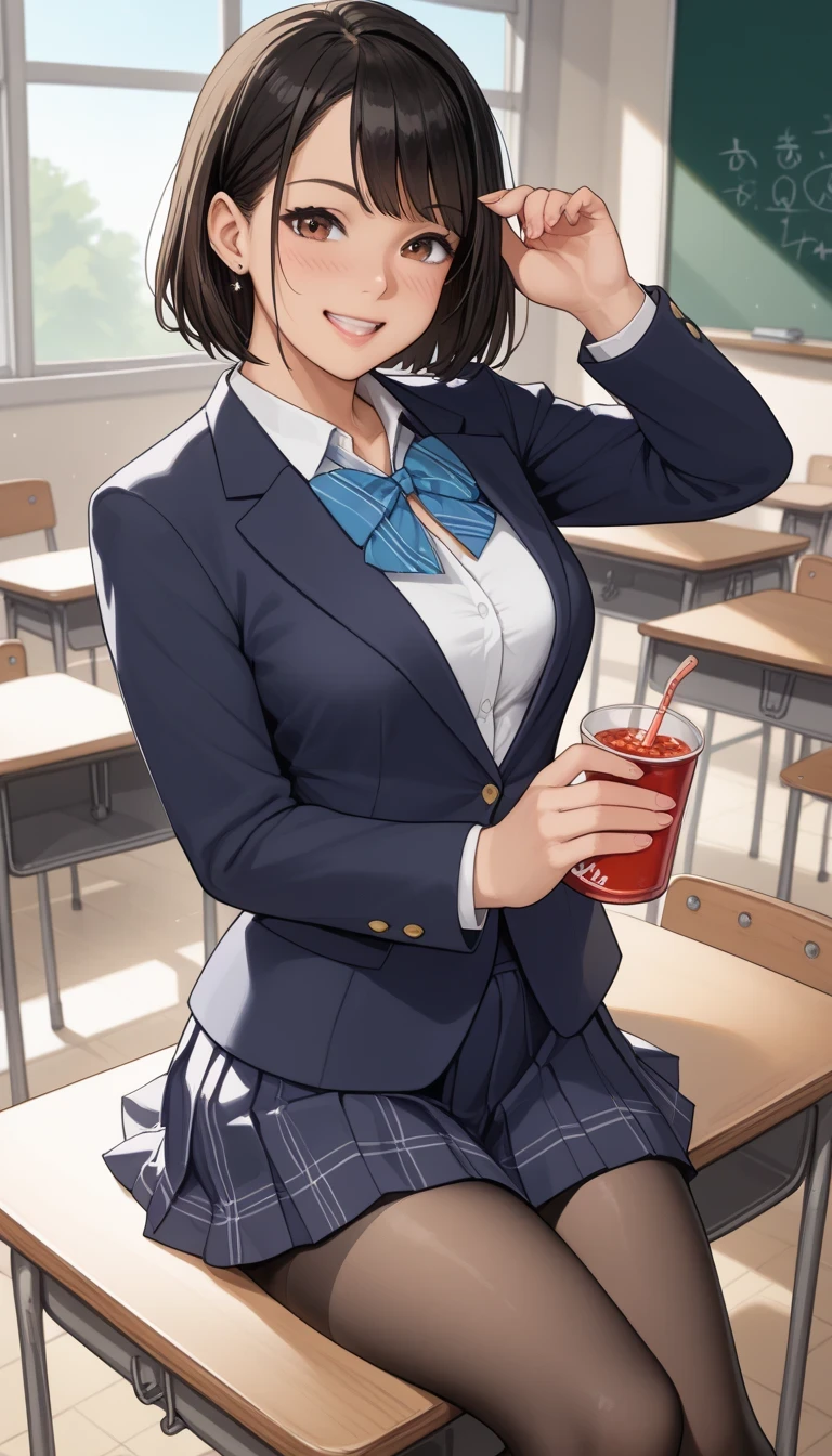 ((table top, highest quality, High resolution, perfect pixel, written boundary depth, 8K)), 1 girl, high school student, beautiful girl, ((brown hair, curly hair:0.8)), ((green eyes:1.4, beautiful eyelashes, realistic eyes)), ((detailed face)), (embarrassing:1.3, blush:1.5, ecstasy:1.3, Last:1.4, so stupid:1.3), drooling:1.2, ((smooth texture:0.75, realistic texture:0.65)), medium breasts, dynamic angle, perfect body, sweaty, red bow tie, school uniform, black jacket, open jacket, Brown cardigan, (transparent white shirt and underwear), black skirt, plaid skirt, ((pussy juice:1.5)), smile