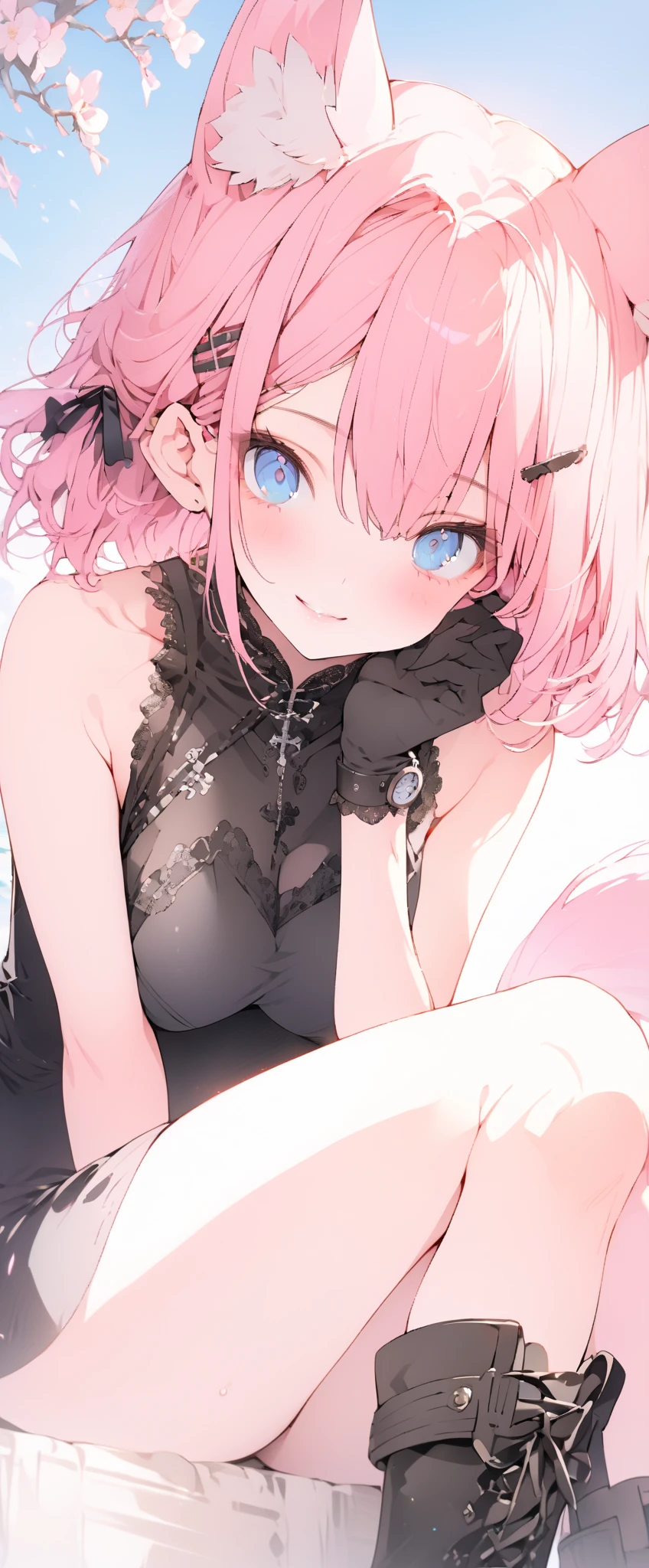 Young girl, short pink hair, cyan eyes, cat ears, pale skin, clothes, open belly, masterpiece, high quality