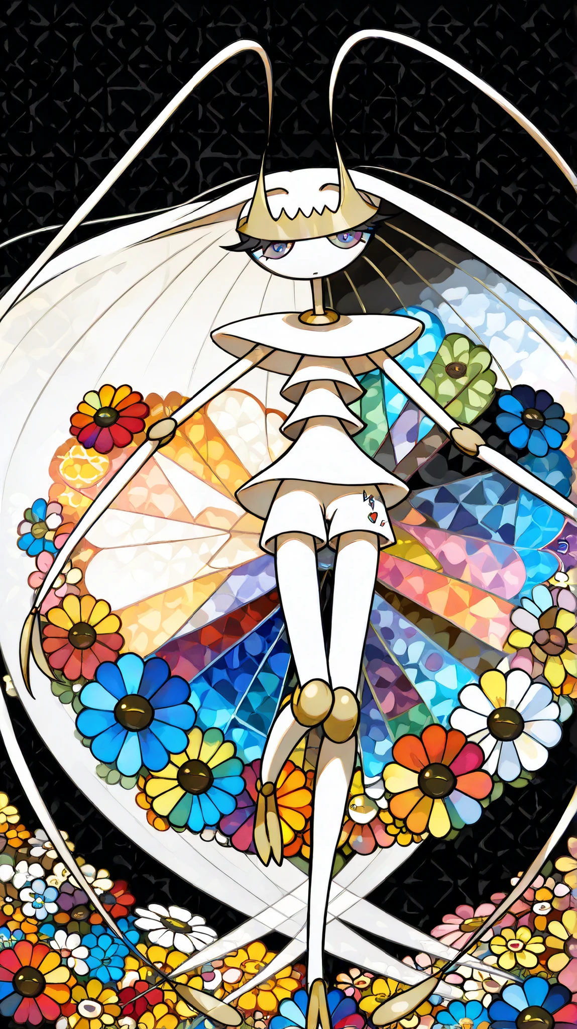 (in style of Takashi Murakami:1.0), beatiful face, feet,best quality,tonemapping, sharp focus, hyper detailed,(pheromosa),best quality,beautiful,pokemon,(2 fingers),(Clear eyes),solo,detaileds,8K,(slender:1.3),wallpaper,jumping kick,(Colorful flowers on black background:1.4), (pheromosa:1.0), intricate digital painting, highly intricate and colorful, dark but detailed digital art, Highly detailed symmetry, detailed digital artwork, Symmetrical intricate details, plethora of colors,colorful intricate masterpiece,(kaleidoscopic:1.1),(Geometric pattern background)、Sticker style,flower painted body, (cel anime:1.3)