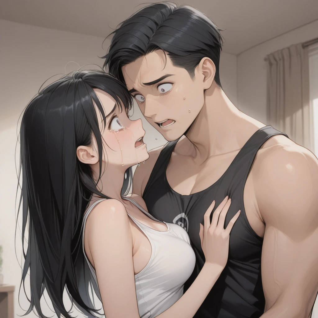 (full-body view))), ((girl and man)), ((dark fantasy)),((handsome boy grabbing girls ass)), mature male, 30-ish, (wide shoulder), ((no chest hair)),man with short black Quiff hair with Soft Fringe, (bangs part on side 3:7 ratio), blue eyes, upper body, short hair, looking at viewer, parted lips, round eyewear, showing a bit of muscles,(( girl with wavy hair, pale skin, long light blond hair),((light blue eyes)), freckles,(girl 16 years old),erotic posing,Gothic background, Dark fantastic view,Best Quality,masutepiece,8K,The ultimate detailed dark background, Top image quality、RAW photography、超A high resolution，cropped shoulders, overall look is very erotic, model shoot, round chest, Beautiful Eyes of Details、Very slender eyes、Beautiful eyelashes、Very slim physique, with blush cheeks, bedroom background