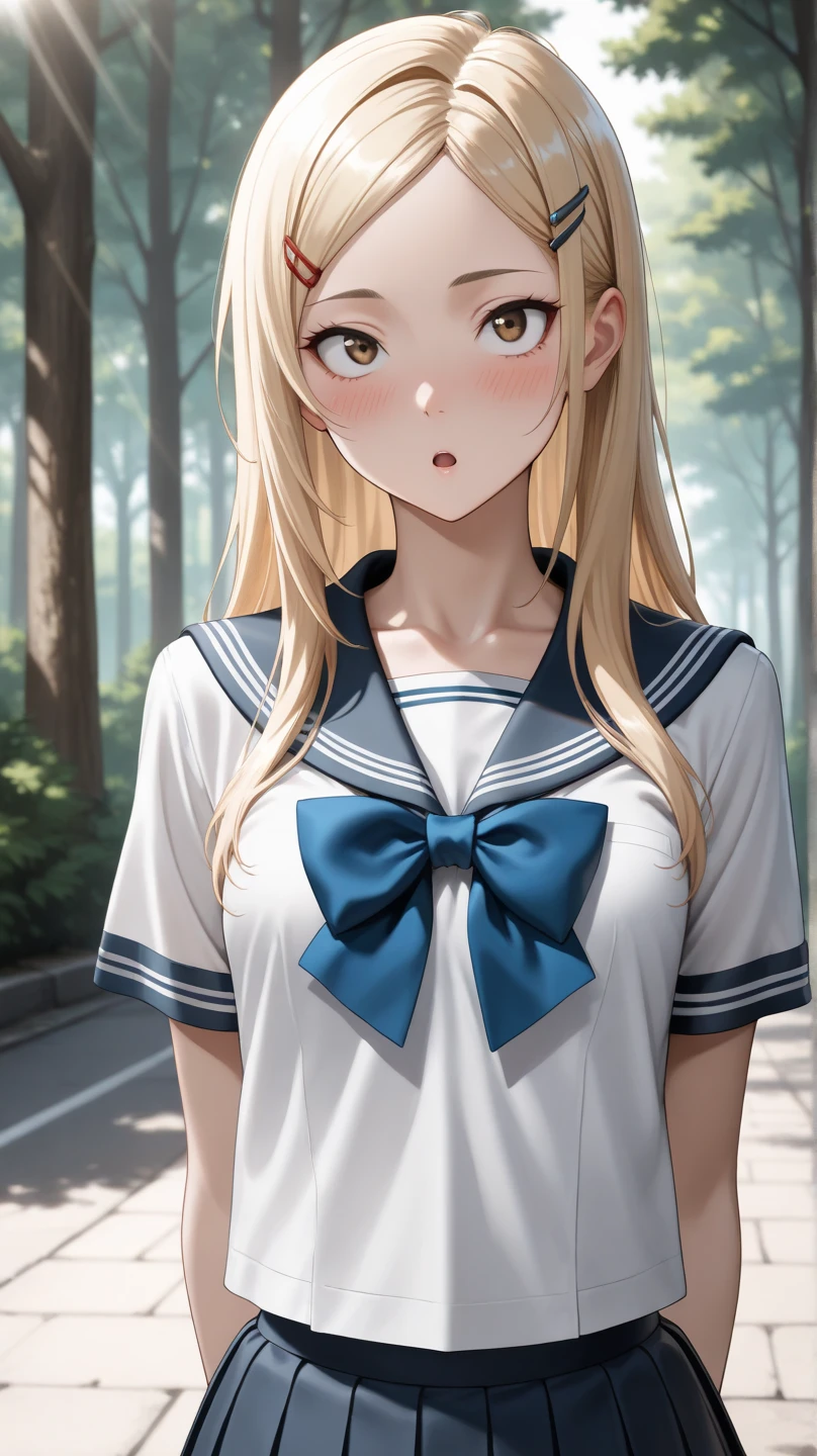 1girl, natural lighting, masterpiece, highly detailed, illustration, game CG, absurdres, high quality, beautiful detailed eyes, glossy lips, natural lighting, medium breasts, klaudia valentz, school field, school, white school shirt, collarbone, (sinking in mud:1.2), upset