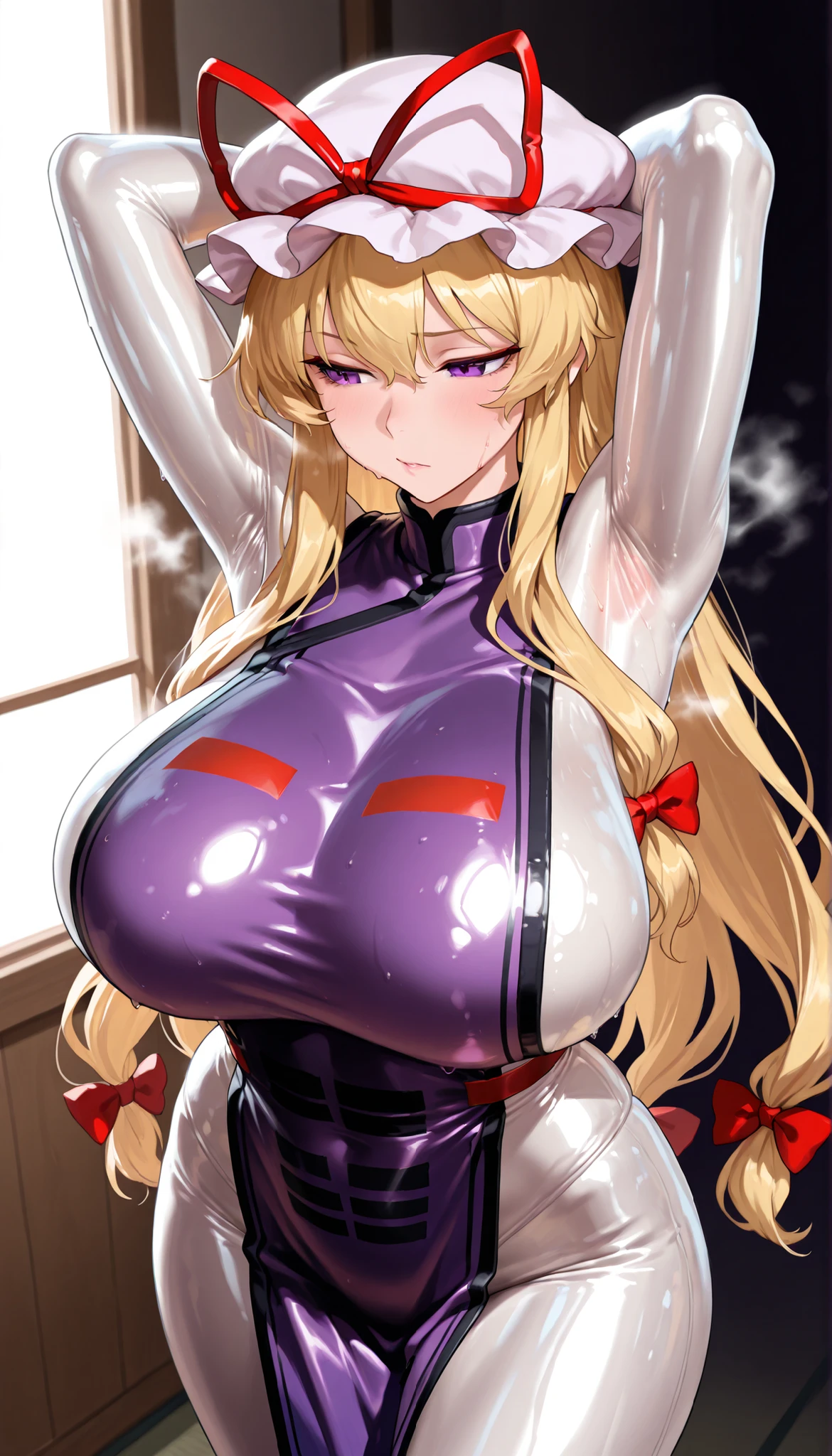 
(masterpiece, Highest quality, Ultra-high resolution), 1girl, Yakumo Yukari, THYukari, mob cap, long blonde hair, hair ribbon, (white latex suit), The clothes fit perfectly, latex has a strong metallic sheen, Glossiness, shiny, sweat, steamy, latex purple tabard, huge breasts, Glossiness,  (steamy), Glossiness, glossy skin, backlight, focus on Armpit, Pose that shows off her armpits, Raise arms,