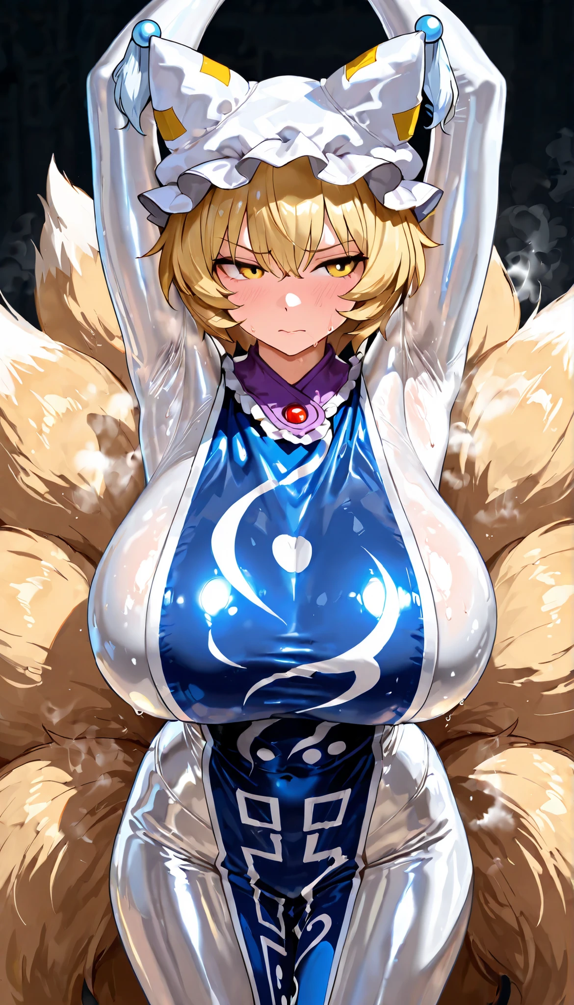 (masterpiece, Highest quality, Ultra-high resolution), yakumo ran, 1girl, yellow eyes, short hair, blonde hair, multiple tails, fox tail, fox ears, white headwear, (white latex suit), The clothes fit perfectly, latex has a strong metallic sheen, Glossiness, shiny, sweat, steamy, latex blue tabard, huge breasts, Glossiness, glossy skin, backlight, focus on Armpit, Pose that shows off her armpits, Raise arms,