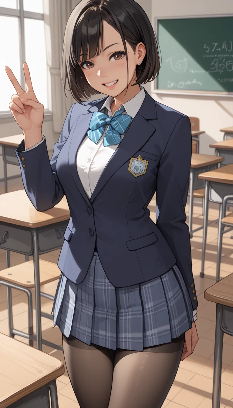 score_9, score_8_up, score_7_up, sauce_anime top quality、8k、 masterpiece、super high accuracy、 natural light、perfect anatomy、one woman、medium breasts、saggy breasts:1.7、black hair、Okuzumi Yuiko、short bob hair、(happy、fun)、school uniform、blazer、pantyhose、(school classroom)、 stand and pose、V sign