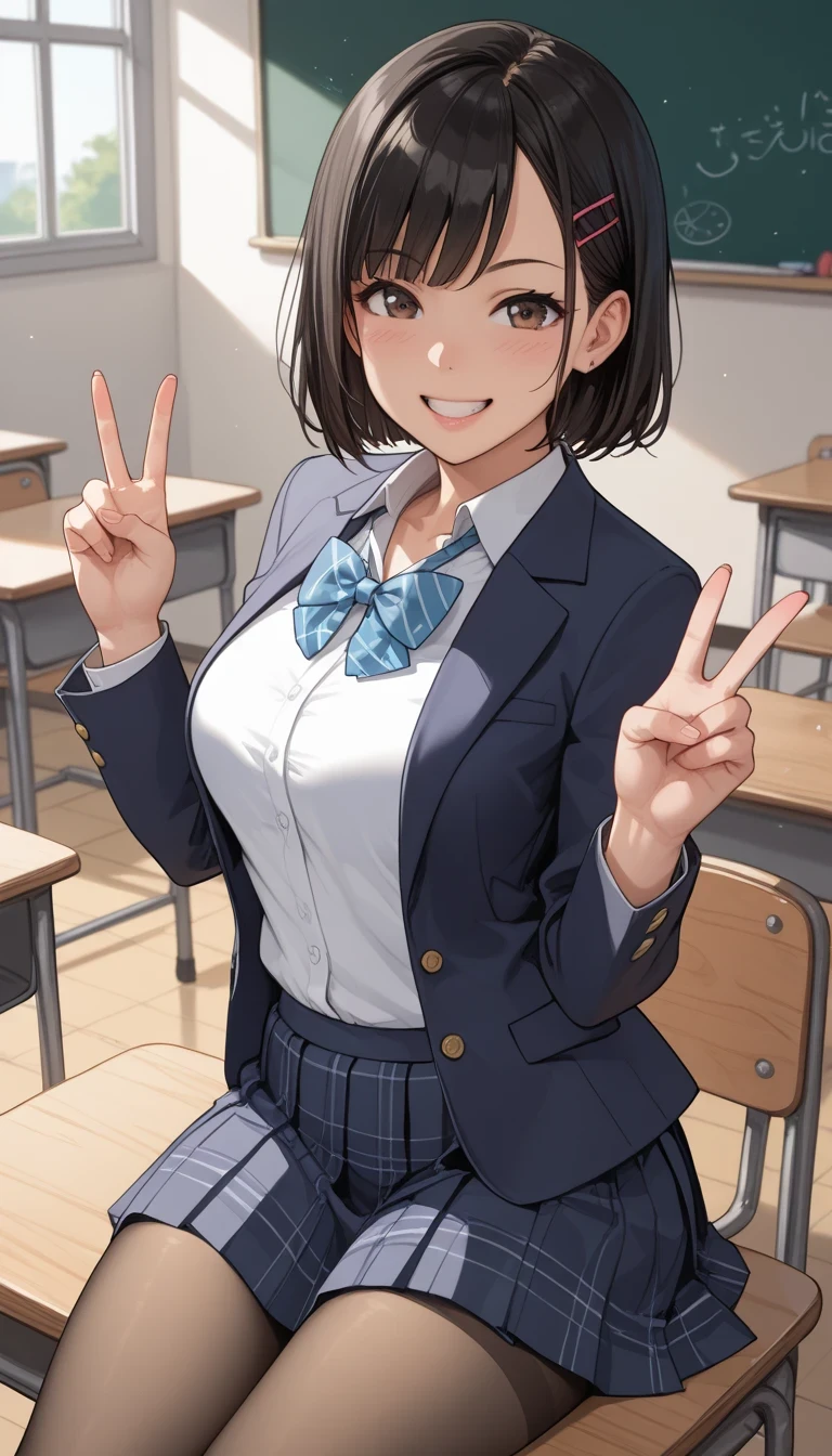 score_9, score_8_up, score_7_up, sauce_anime top quality、8k、 masterpiece、super high accuracy、 natural light、perfect anatomy、one woman、medium breasts、saggy breasts:1.7、black hair、Okuzumi Yuiko、short bob hair、(happy、fun)、school uniform、blazer、pantyhose、(school classroom)、 stand and pose、V sign