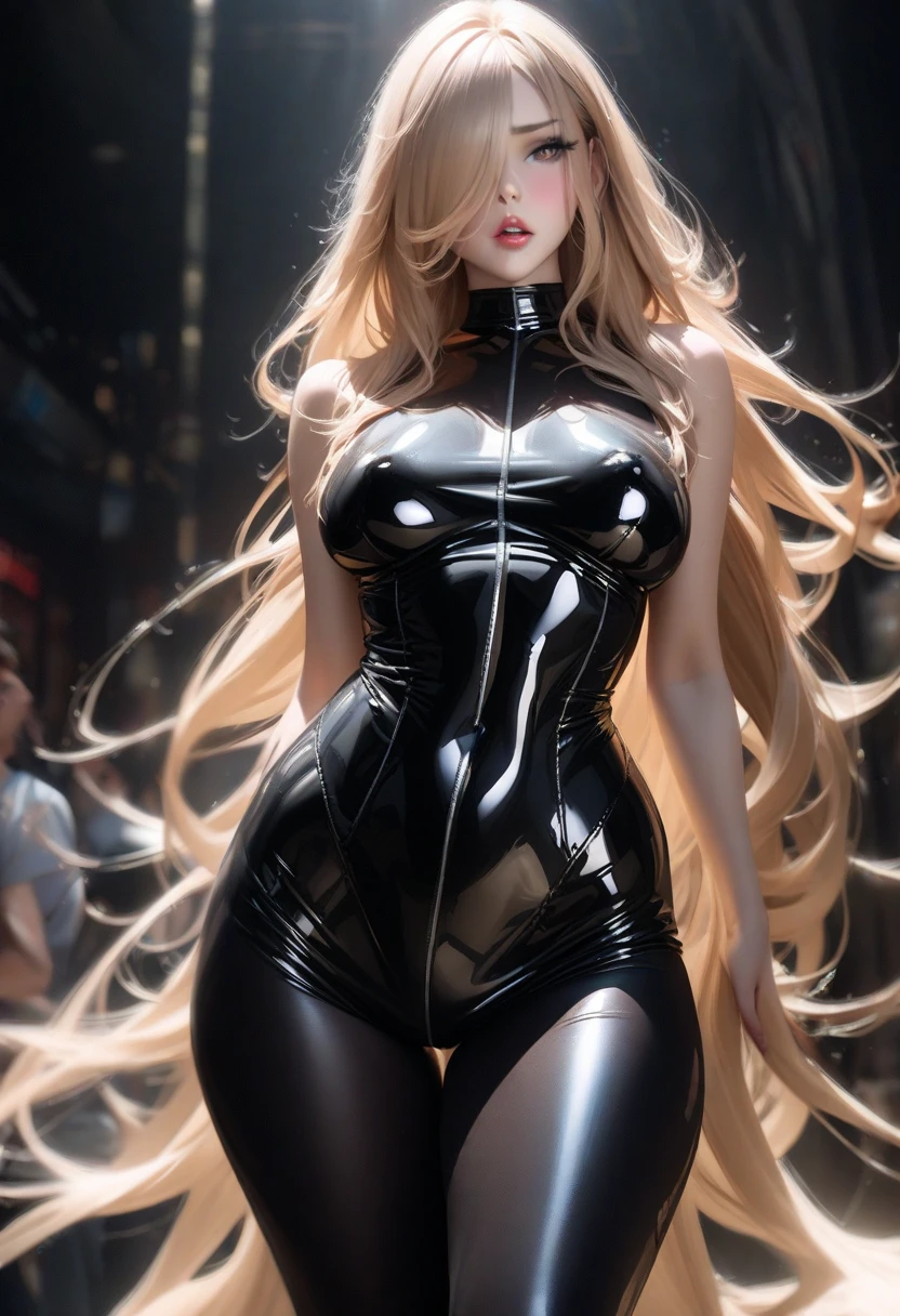 Perfect face, gray eyes, sexy woman, muscle build body,Bodybuilding body,red lips, long golden hair with very long golden hair, super long golden hair with very super long golden hair, large hair, huge body, wearing Pink high-neck stripe with black spots, gray t-shirt, full body suit,anime proportions, good proportion, perfect face, perfect body,big breasts, huge breasts