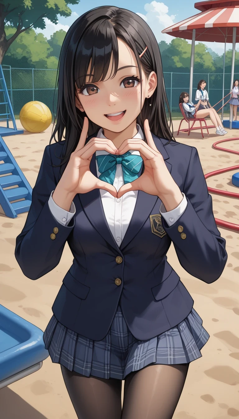 score_9, score_8_up, score_7_up, sauce_anime top quality、8k、 masterpiece、super high accuracy、 natural light、perfect anatomy、one woman、medium breasts、saggy breasts:1.7、black hair、Okuzumi Yuiko、(happy、fun)、school uniform、blazer、pantyhose、( playground)、 stand and pose、Heart Hands