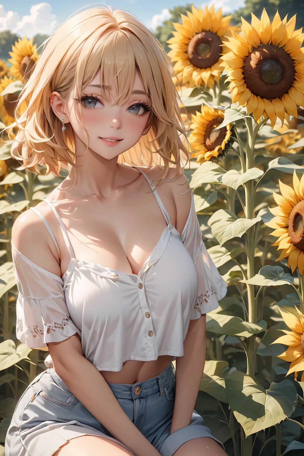 NSFW, (8k, RAW photo, 最high quality, masterpiece:1.2), High-definition RAW color photo, Professional photo shoot, cinematic light, alone, (((young woman))), (detailed expression), (round eyes), (small face), (high detail skin:1.2), clavicle, cute face, beautiful appearance, long eyelashes, ((have cleavage: 1.2)), (beautiful breasts:1.5), (tits:1.9), (blonde, wavy hair, Hide one eye with bangs, blue eyes), ((blue ribbon, red glowing earrings)), attractive big breasts, (slim body shape:1.4, A woman with a slender figure and big breasts), very detailed顔と肌の質感, fine eyes, double eyelid, (((smile:1.5, happy expression))), ((facing the front:1.2)), (spread legs:1.5, photo shootのためポーズをとる, sexy pose)), (magic hour:1.5), pleasure and excitement, sweating:1.37, (((cow ear headband, choker, cowbell, cow print bikini:1.5, boots), (beautiful body), tits)), ((outdoor play)), garden, garden background:1.5, sitting:1.2, beautiful skin, shiny skin, perfect fingers, five fingers, anatomically correct, background bokeh, high quality, surreal, bright colors, ((f/1.2, Nikon, lens flare, very detailed, photo shoot)),