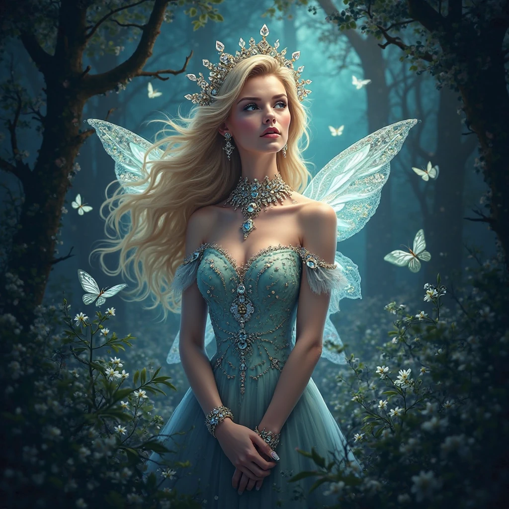 a photography, HD,, photo, woman, beautiful dress ornate, in the style of stefan kostic, realistic, half body shot, sharp focus, 8 k high definition, insanely detailed, intricate, elegant, art by stanley lau and artgerm, extreme blur flames background, Princess girl with wing, Blue, Pastel, glitter, dramatic, dreamy, pastel, Watercolor, Whimsical, Delicate, seashell crown, Trending on Artstation, Highly detailed, Intricate, Portrait, digital painting, Fantasy theme, Fantasy robes, Fantasy concept art, Fantasy character art, Smug, Teenage girl, perfect body, full body, dreamy, pastel, Watercolor, Whimsical, Delicate, seashell crown masterpiece, 8k, perfect lighting, , adult, female, cowboy shot, looking at viewer, cinematic lighting, Fawn