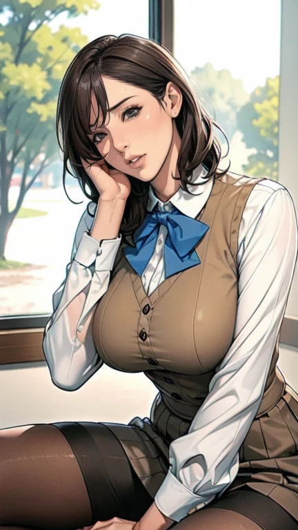 masterpiece, ((ultra detailed background, delicate pattern, intricate detail)), (highly detailed, fine details), best quality, beautiful lighting,((medium breasts, slim girl)), (white shirt, formal shirt, black pants, formal clothing), hair in a bun, NicoRobinV2, 1girl, black hair, long hair, solo, smile, blue eyes, closed mouth, hair slicked back, (complex detailed background, inside, hallway environment, classy interior, window, daytime), (portrait),film movie still、1girl in、on knees、14years、pale-skinned、innocent smiles、white fishnet stockings、((A detailed face))、(Detailed skin)、Moist with intricate details、Shallow depth of field、[volume fog]、light、Reflectors、a Canon EOS R5、50MM lens、f / 2.8、nffsw、shot at 8k resolution, on bedroom floor, sexy,short detailed hair，cleavage，Close-up