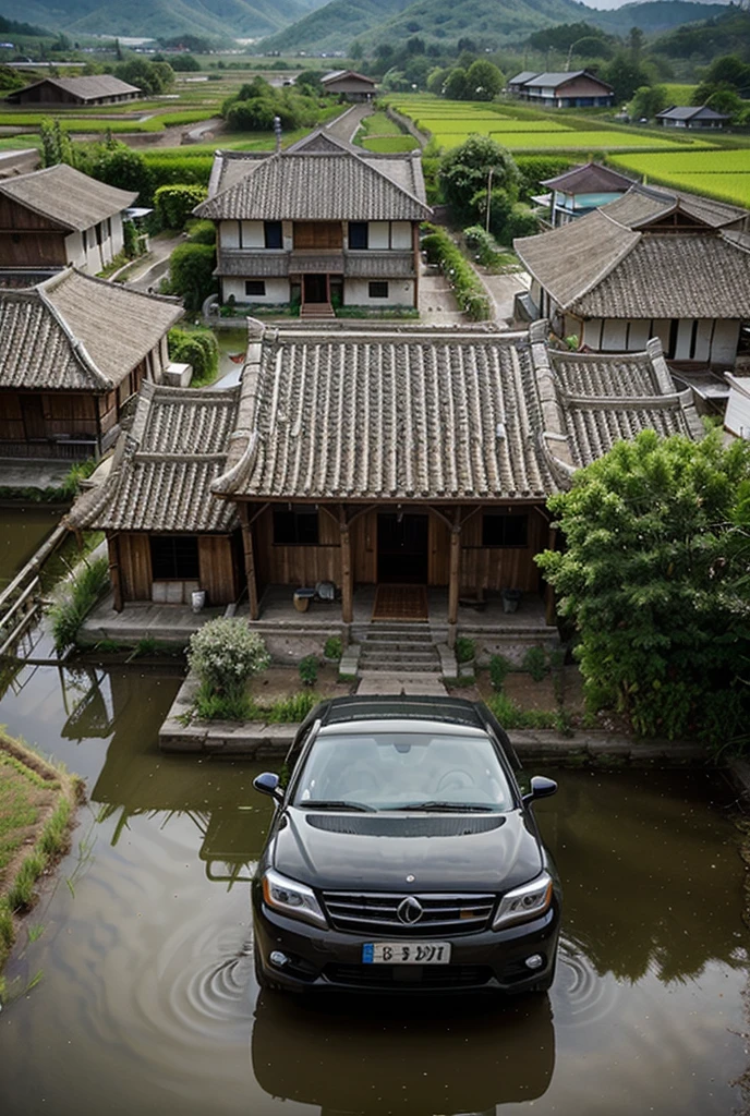 Luxury car parked in front of a simple wooden house in the village .
House surrounded by rice fields .