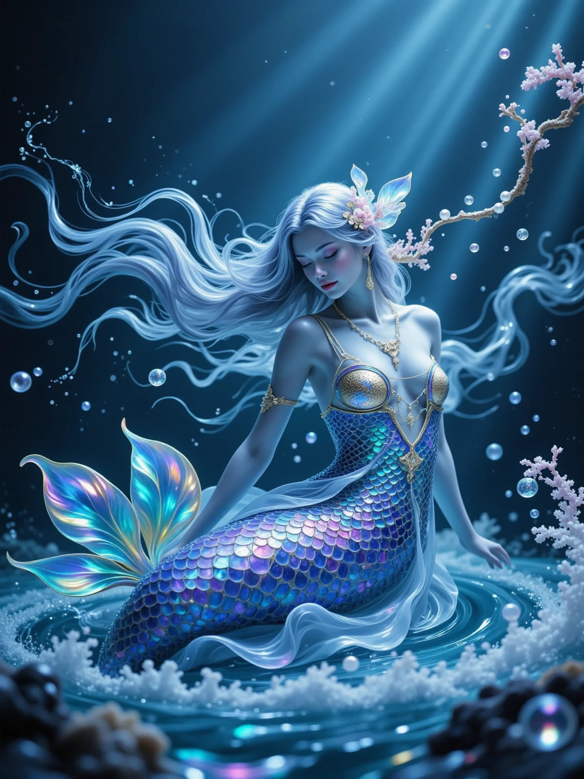 In the depths of the interstellar sea, where galaxies dance and nebulas shimmer, there exists a celestial being unlike any other – a space mermaid of ethereal beauty and boundless curiosity. With skin as rich and deep as the most vibrant amethyst, she glides gracefully through the cosmic currents, her three eyes sparkling with the wisdom of ages unknown.

Her tail, a mesmerizing fusion of blues, teals, and greens, trails behind her like a comet's tail, leaving trails of stardust in its wake. Each strand of her hair mirrors the colors of her tail, flowing freely in the weightlessness of space, catching the light of distant stars as she navigates her celestial domain.

But what truly sets her apart are her antennae – delicate tendrils reaching out into the vast expanse, attuned to the subtle energies that pulse through the universe. With these antennae, she senses the ebb and flow of cosmic forces, guiding her through the mysteries of the cosmos with an intuition as ancient as the stars themselves.

In the resplendent glow of her third eye, she sees beyond the veil of time and space, glimpsing the secrets hidden in the fabric of reality. It is through this eye that she seeks to understand the universe and her place within it, forever drifting on the currents of infinity, a celestial guardian of the cosmic depths.goddess of galaxies, mermaid, mermaid body, galactic sized goddess, alien princess, celestial goddess, lunar goddess, iridescent scales on her body, she has iridescent membranes, [[fantasy]] have purple skin and have 3 eyes , she a alien with antennae. , she a space mermaid , in 8k purple skin 
