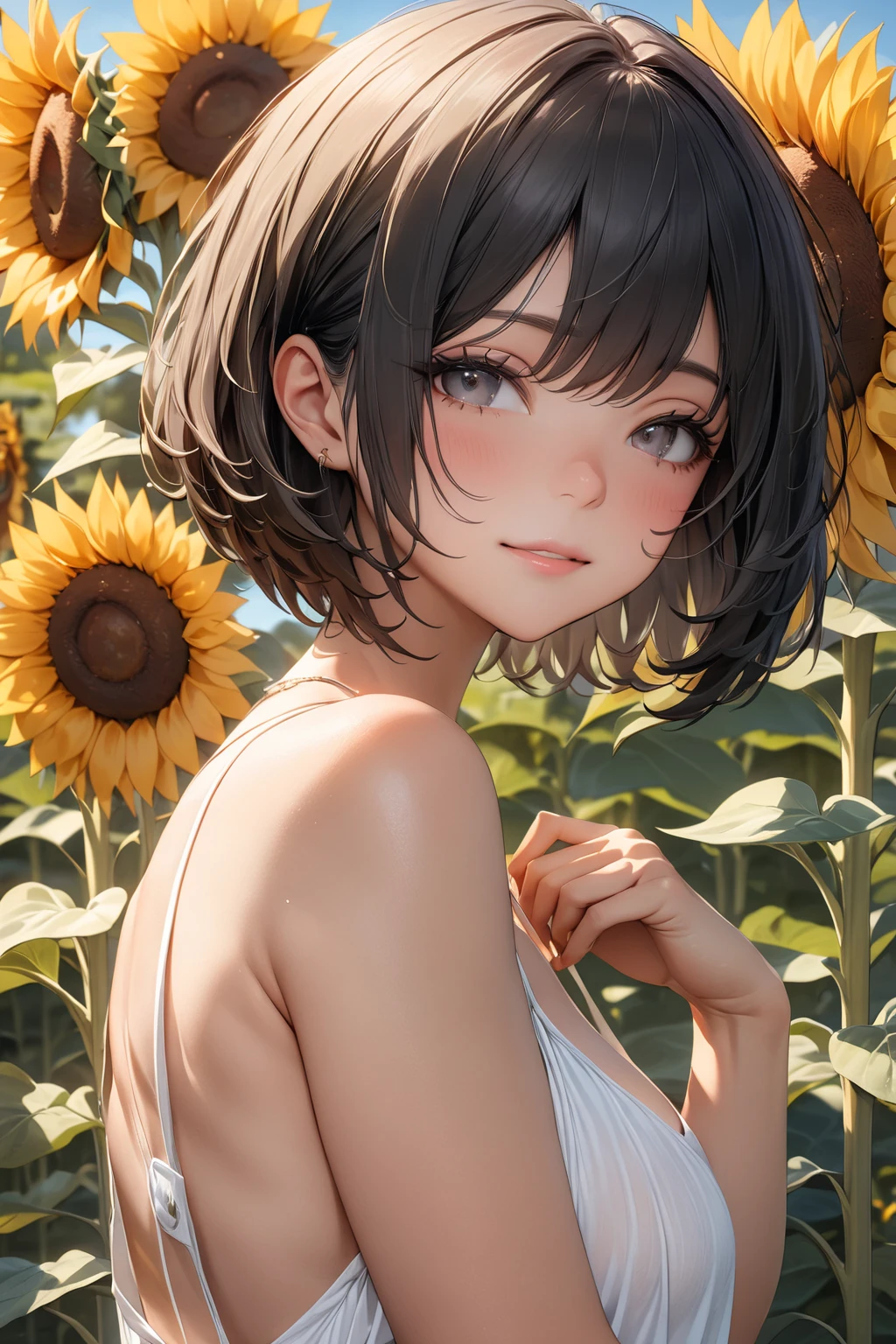 Absurd, Super detailed,Bright colors,(In 8K:1.3),Masseter region,Beautifully detailed face and eyes, Age 25,(Smooth wavy brown hair:1.3), (shiny medium hair:1.2),(Straight bangs:1.2) Delicate and beautiful face, blush、(Dark brown eyes:1. Nipples are visible:1.3), naked、Are standing around with sunflowers, Close your eyes and smile, showing your teeth., Sunflower field, Beautiful natural spots, Are standing, Detailed face.