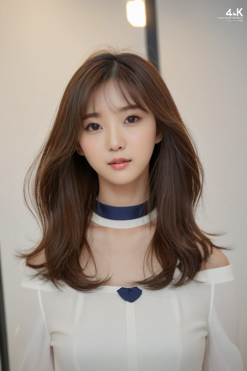 top-quality、masterpiece、hight resolution、1girl in、独奏、Raw photo、Real person、Detailed skin、japanes、Beige hair、thin bunches of bangs、Long、fully body photo、White shirt、accessorized、White Room、white walls、simple room、medium lenght hair、Perm hair