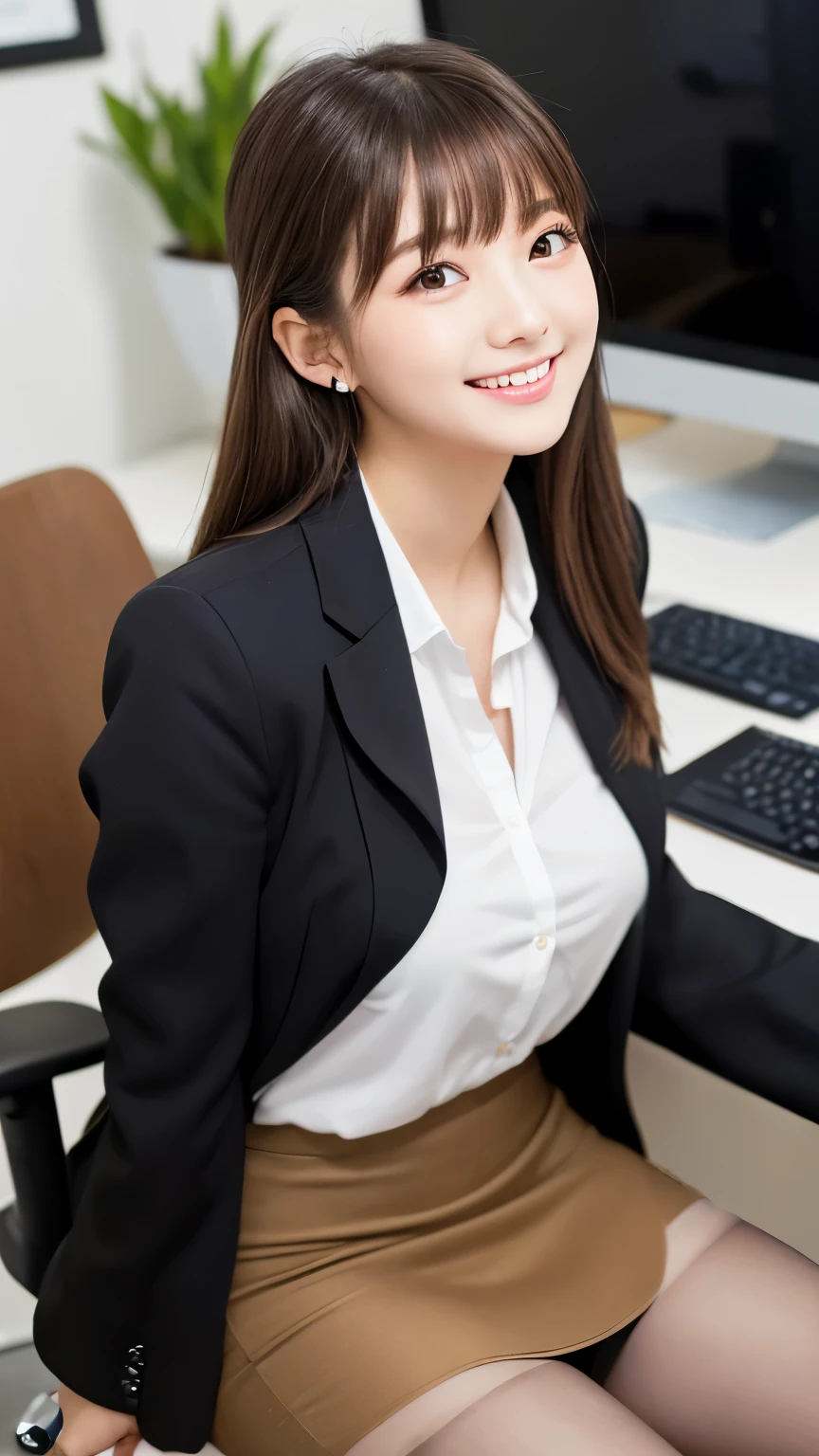 (Sitting posture 1.3),(Facing straight ahead 1.3),(1 girl),(Stock Highlight 1.3),(Shirt cut 1.3),(Jacket 1.3),(Panties 1.3),Dynamic Angle,Attention to detail,Depth of written boundary,135mm,Textured skin,Super detailed,high quality,Awards,最high quality,High resolution,8K,White skin,Sun light,stylish,Perfect composition,最high quality,Very detailed,masterpiece,Cute face,Big smile,Beauty,Age 35,At the office,Sit on a chair,Tabletop,supreme beauty,masterpiece,