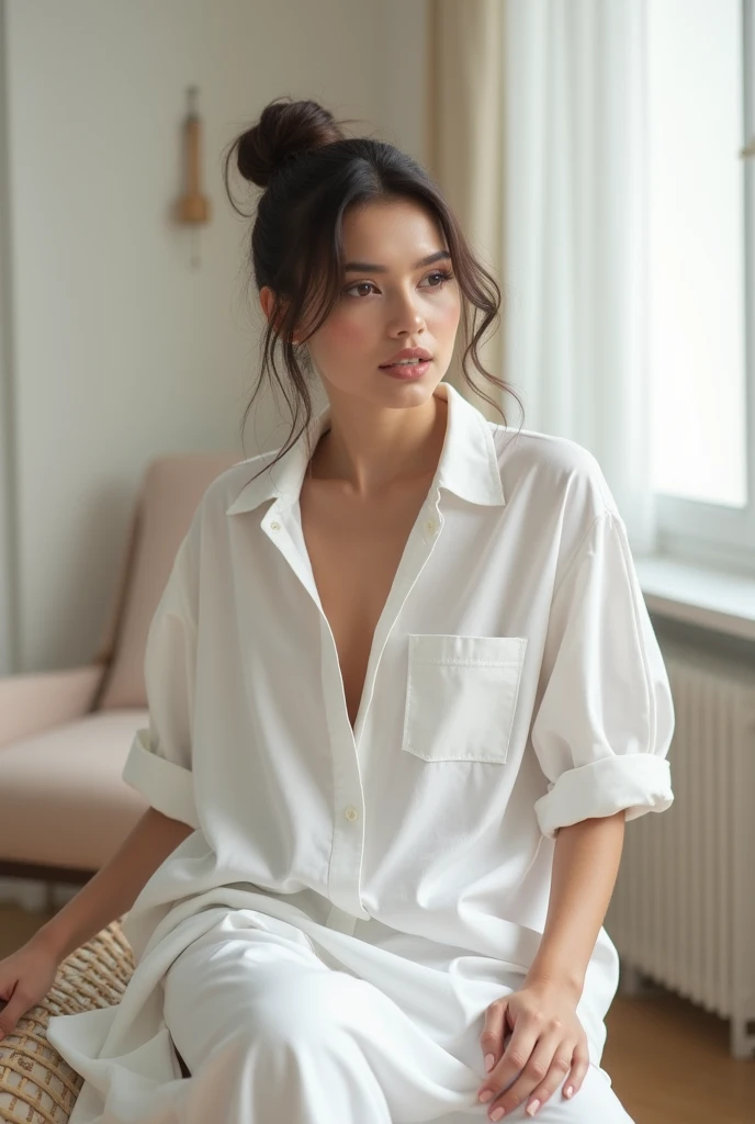 uma foto de uma mulher sedutora com cabelo ruivo solto, posando em um quarto bem iluminado, she is wearing button down shirt and pants, detalhes intrincados, arrepio, flawless face, Shy, prude, (sardas claras:0.9), ((fotorrealista):1.2), CRU,sensual