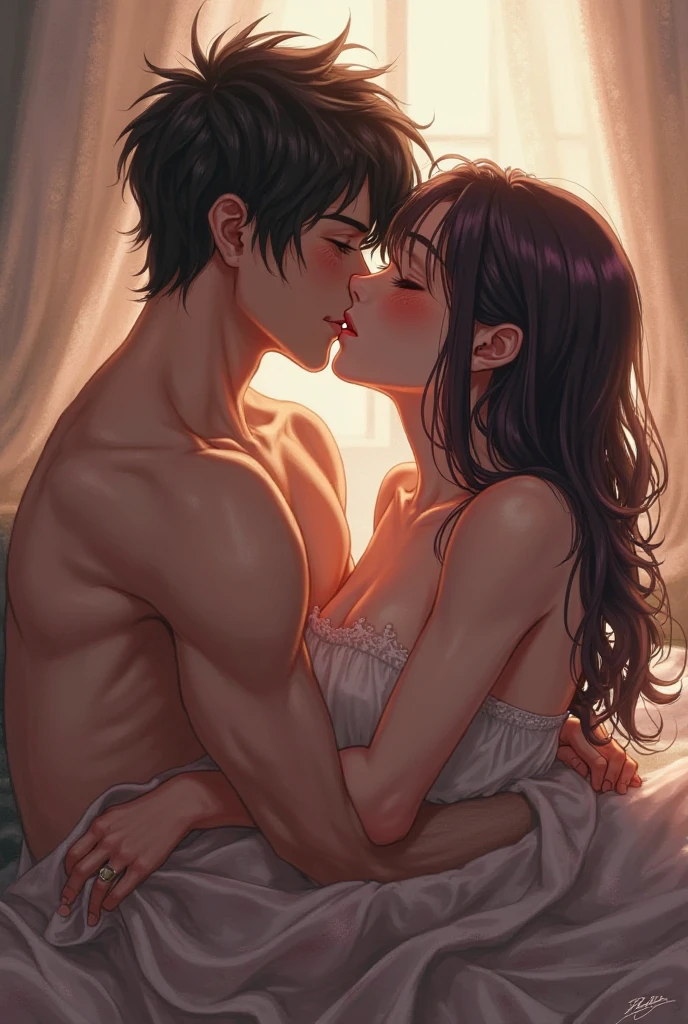 Anime. Woman crawling on bed. Nude woman. Woman showing genitals. Beautiful woman's ass. Water flowing between woman's legs. Long-haired man licking naked woman's ass.