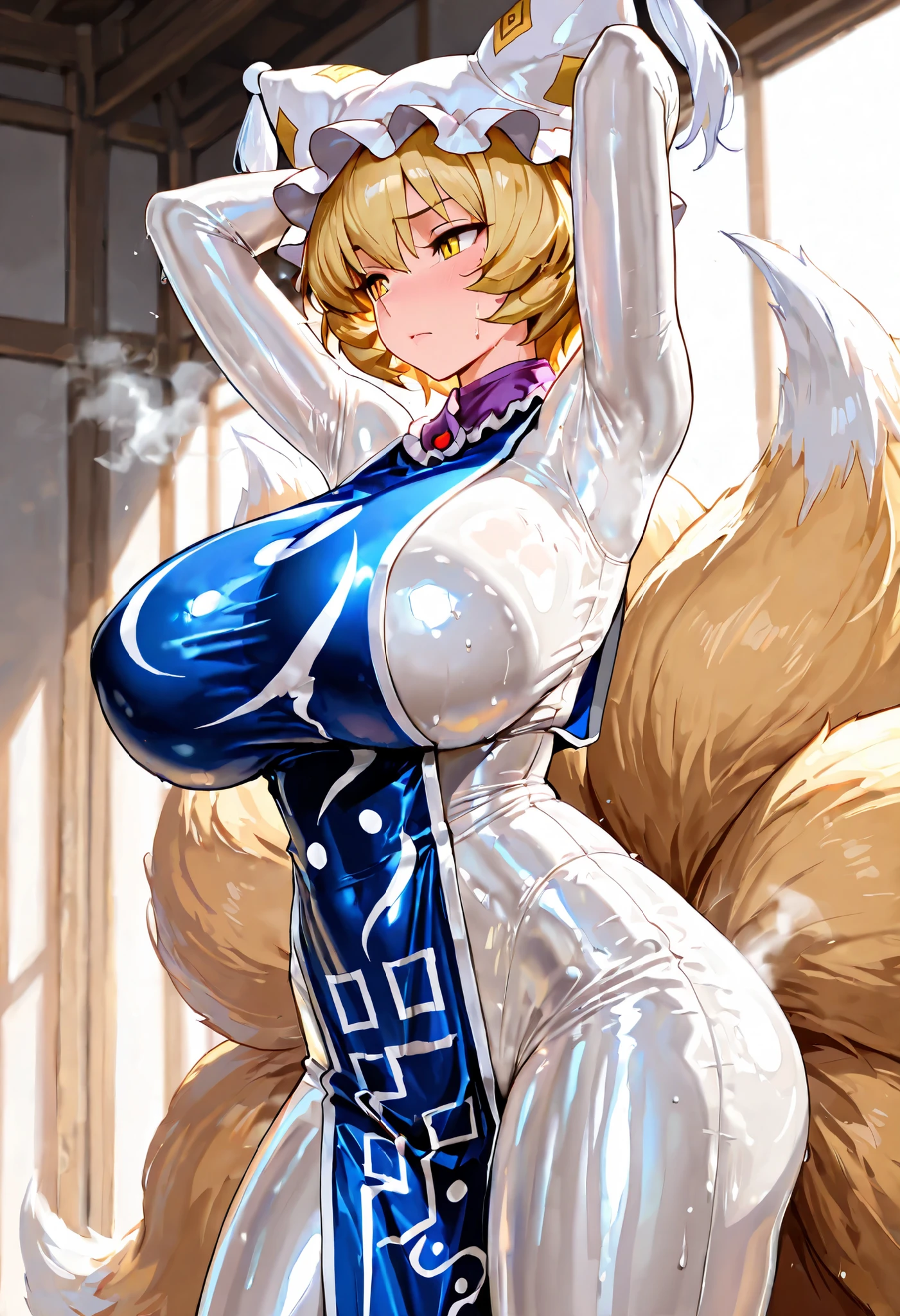(masterpiece, Highest quality, Ultra-high resolution), yakumo ran, 1girl, yellow eyes, short hair, blonde hair, multiple tails, fox tail, fox ears, white headwear, (white latex suit), The clothes fit perfectly, latex has a strong metallic sheen, Glossiness, shiny, sweat, steamy, latex blue tabard, huge breasts, Glossiness, glossy skin, backlight, focus on Armpit, Pose that shows off her armpits, Raise arms,