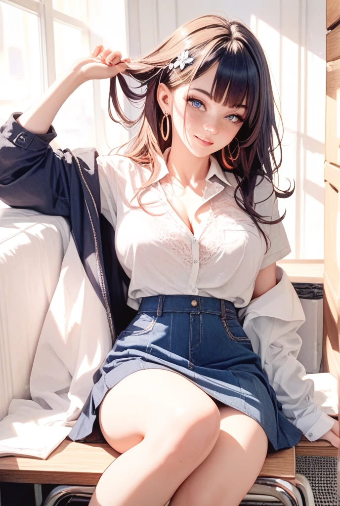 ((Extreme exposure))(High-definition image quality)極Realistic skin texture、High definition face(brown、Very long straight hair、Hair behind the ear、Beautiful moist brown hair、Smooth Hair)((Bright smile、Embarrassed expression))、Gaze(sexyな25歳の女の子、Idol Makeup、Eyeliner)(Fair skin)(Sparkling eyes)Smooth Skin、Realistic skin texture ((White knit off-the-shoulder、Short length、Cleavage、Super big boobs)) ((Extremely short denim miniskirt、damage、Super tight、small、Ultra low rise))))A well-proportioned and perfect body、Beautiful armpits、On the position of the chest、Round big breasts、Beautiful valley、Ultra-thin waist、Waistline、Long legs、Glitter High Heels((((Urban business office、Sit erotically))))(((((sexy、Medium full shot from below))))))View angle from below