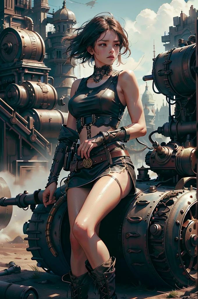 (steampunc)、(absurderes、hight resolution、ultra-detailliert)、highly detailed CG unit 8k wallpaper、intricate-detail、Workshop in the background、Many pipes、joint、complex machinery、Big gears、steams、Machine Wall、Lots of meters、Industry、tech、impurity、anvil、buttoning、levers、automaton、electricity、electric sparks epic atmosphere、cow boy shot、dynamicposes、factories、1womanl、matural female、longwavy hair、Split color hair、bangss、manga comprida、finely eye and detailed face、detailed hairs、Hair luster、hugetits、cleavage of the breast、thighs thighs thighs thighs、The belly、a navel、Many tattoos、(juicy skin)、(Very shiny skin)、Black leather mechanical cyber suit、highleg、manga comprida、Black leather gloves、intricate suit、Glossy clothing、Thick black leather belt、long boots、Small parts、Glowing parts、Glossy clothing、