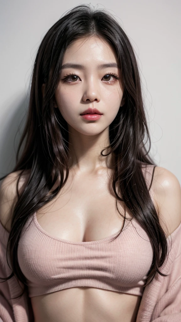Stunning woman ,  long black hair , bangs ,  heavy eyeliner , peach lipstick, large chest , age 31 

Wearing a  tracksuit, bright colors , model  , mid shot , sleeveless , 

(masterpiece, best quality )detailed, 1Character ,  pastel washed out colors ,  muted shades , 