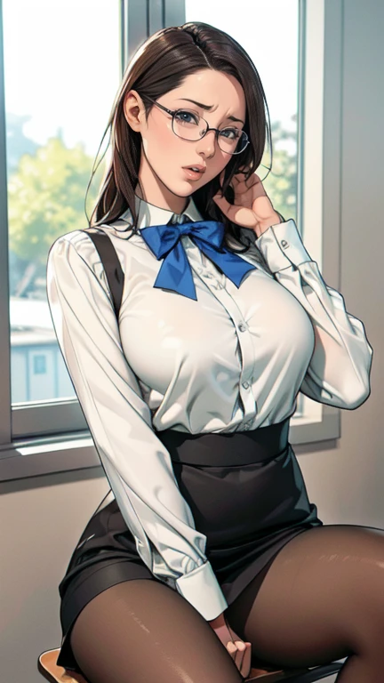 (masterpiece, best quality:1.2), detailed face, detailed eyes, elegant woman, long hair, high heeled, shiny skin, welcomes you at the door, dress shirt, pants, random collar, ponytail hair, cool attitude, cool glasses, exciting, cool, (perfect hands:1)