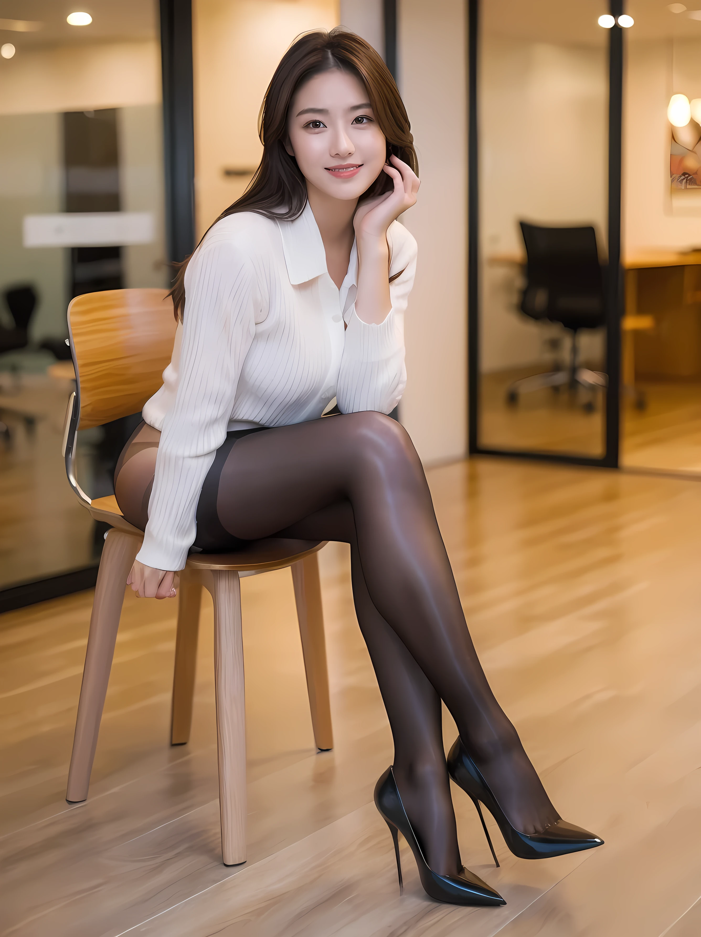 事務室で働くgirl, sitting on a office chair, (realistic, realistic: 1.37), (masterpiece), ( best quality: 1.4), ( super high resolution: 1.2), ( RAW photo: 1.2), ( sharp concentration: 1.3), ( focus on the face : 1.2),  elegant, (full body: 1.2),  best quality, masterpiece, ( realistic: 1.2),  girl, brown hair,  brown eyes , Front, Detailed Faces, Beautiful Eyes, Pleated mini skirt , ( Super realistic Pantyhose :1.3), sit on a chair、Intense smile,  Lots of Lashes,  high heels , very beautiful, thigh high socks,