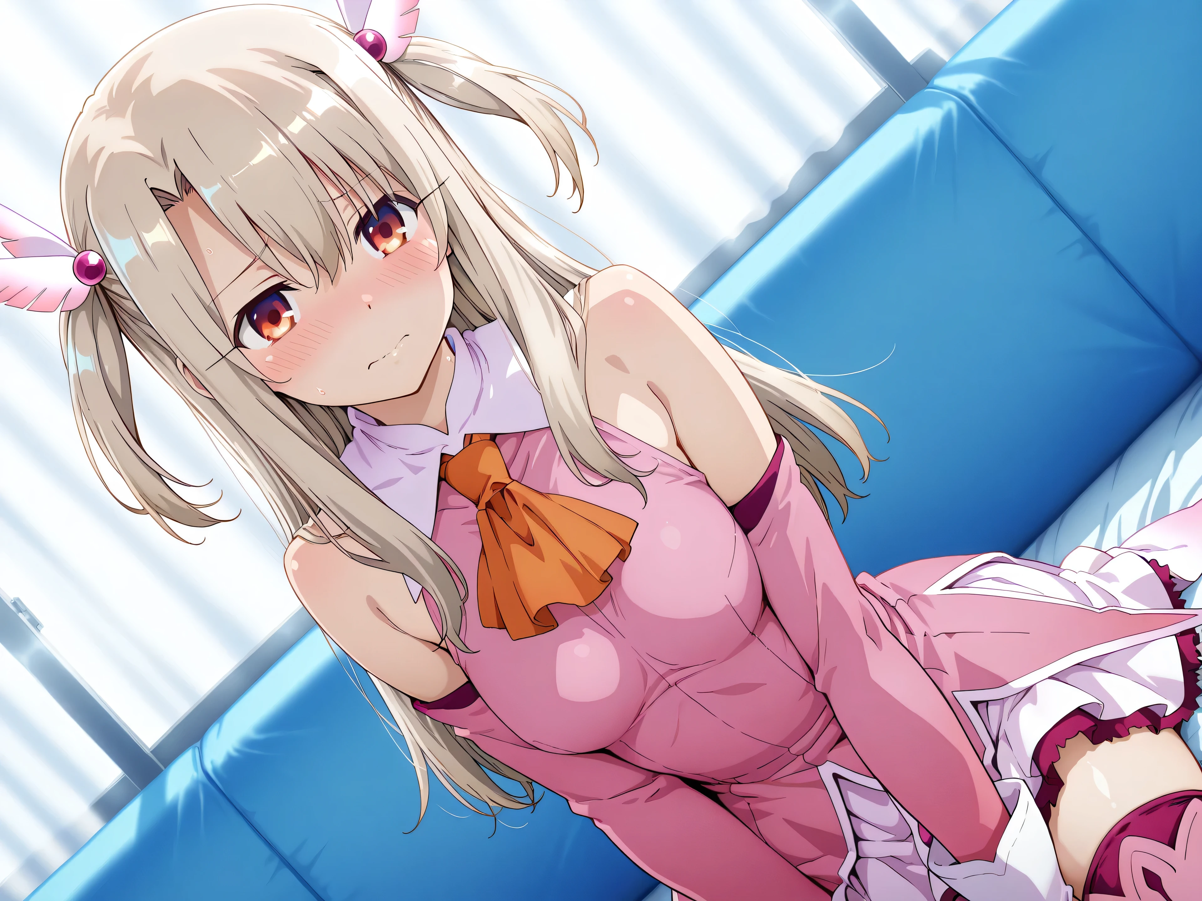 best quality, masterpiece, Super detailed,High resolution,Extremely detailed CG,1girl,illyasviel von einzbern,  long hair, blonde hair, two side up, hair ornament, red eyes, bare shoulders, magical girl, cape, orange ascot, pink shirt, sleeveless, detached sleeves, white gloves, white skirt, pink thighhighs,lie on own back、embarrassed、medium breasts