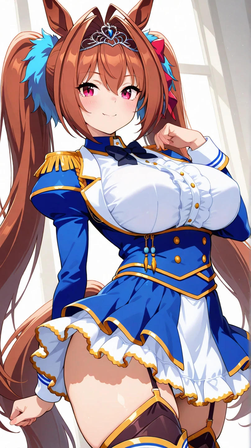 daiwa scarlet, brown hair, hair intake, red eyes, long hair, twintails, animal ears, horse girl, hand on hip, gold earrings, large breasts, jewelry, heart shaped, (military uniform), (epaulette), jacket, harness, thigh strap, black thigh boots, skirt, (pencil skirt), miniskirt, frown, evil smile, open mouth, smirk, huge breast, cowboy shot