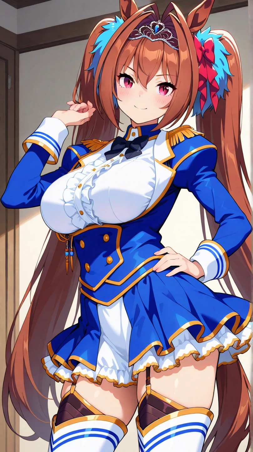 mature female, ((hand together)), looking at viewer, red bow, ahoge, in attention, 1girl, solo, long hair, smile, skirt, hueg breasts, :d, (((widen eyes)), blue hair, violet eyes, black skirt, white shirt, long sleeves, bow, cleavage, long hair, standing, pantyhose, cowboy shot, pleated skirt, frills, puffy sleeves, black skirt, , black pantyhose, cleavage cutout, frilled skirt, juliet sleeves, school, classroom, , epaulettes