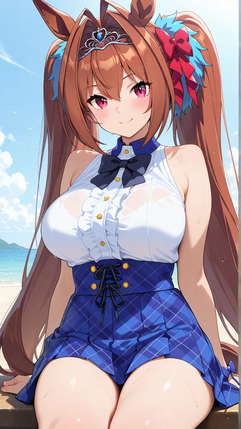 (masterpiece),(Highest quality:1.0), (Ultra-high resolution:1.0), Detailed illustrations, 8K, Pretty face, White Background、Big Breasts、Twin tails、long hair、Air intake、Swimwear, Swimwear姿、黒色のSwimwear、bikini、whole body、Animal ears, earrings, Horse tail、Are standing, smile, Open your mouth