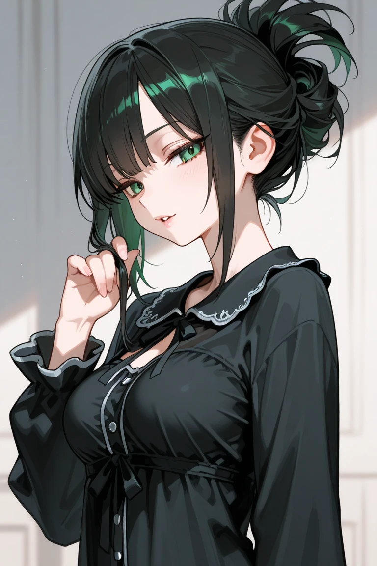 A pretty lady with hair wavy medium black hair and green eyes, giving a rich, toublemaker and bad girl vibe, looking at you with a smugly, school, modern era, close up, school hallway, 5 beautiful fingers