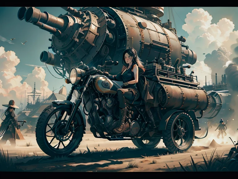 There's a sexzy african woman with a steam-powered dusky skin, with big boobs,Royal look,helmet, arte conceitual steampunk, sexzy full body view, riding bike,Wojtek FUS, arte digital steampunk, detailed wild steampunk illustration, Portrait of a gold and copper mechanical woman, arte steampunk, estilo de arte dieselpunk, cyberpunk steampunk, estilo de fantasia steampunk, Arte digital altamente detalhada em 4k, sci-fi steampunk