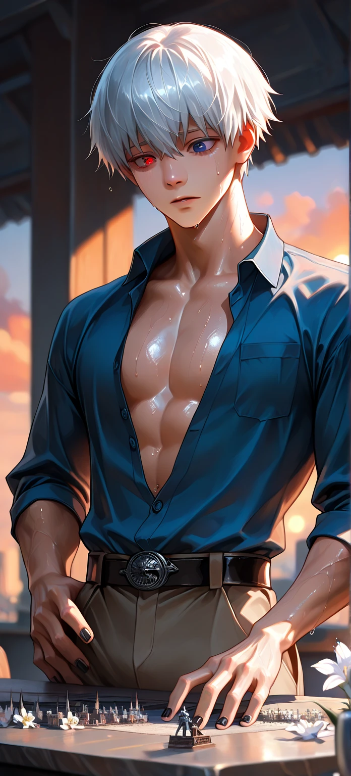   men mecametal  tall, with short blonde hair and intense blue eyes 