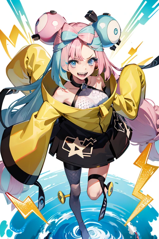 (Highest quality, masterpiece, Very detailedな, Very detailed, Exquisite, 16K,Full HD),(White Background:1.5),、Big Breasts,Pink hair and blue eyes、Yellow Jacket、Please raise your right hand、Lower your left hand、Stand only on your right foot、Raise your left leg。smile、White Background,Nanjamo,No text