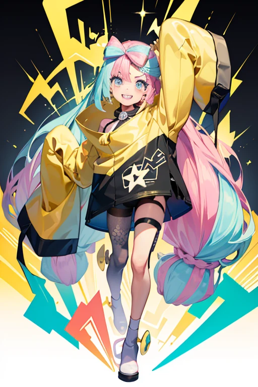 (Highest quality, masterpiece, Very detailedな, Very detailed, Exquisite, 16K,Full HD),(White Background:1.5),、Big Breasts,Pink hair and blue eyes、Yellow Jacket、Please raise your right hand、Lower your left hand、Stand only on your right foot、Raise your left leg。smile、White Background,Nanjamo,No text