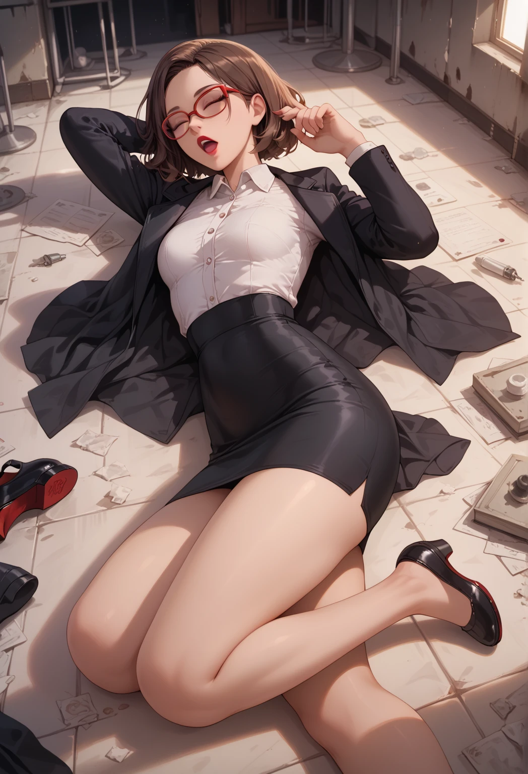 1woman, sitting, skirt, shirt, (full body:1), wearing platform heels, mules, high heels, muules..
