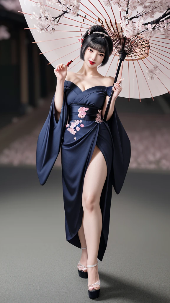 ((masterpiece)),highest quality, figure, bright,One girl, Beautiful fine details, Beautiful detailed hair,Long-haired gray hair,Purple Eyes,A beautiful purple kimono with one leg exposed,Big earrings,Full body illustration,