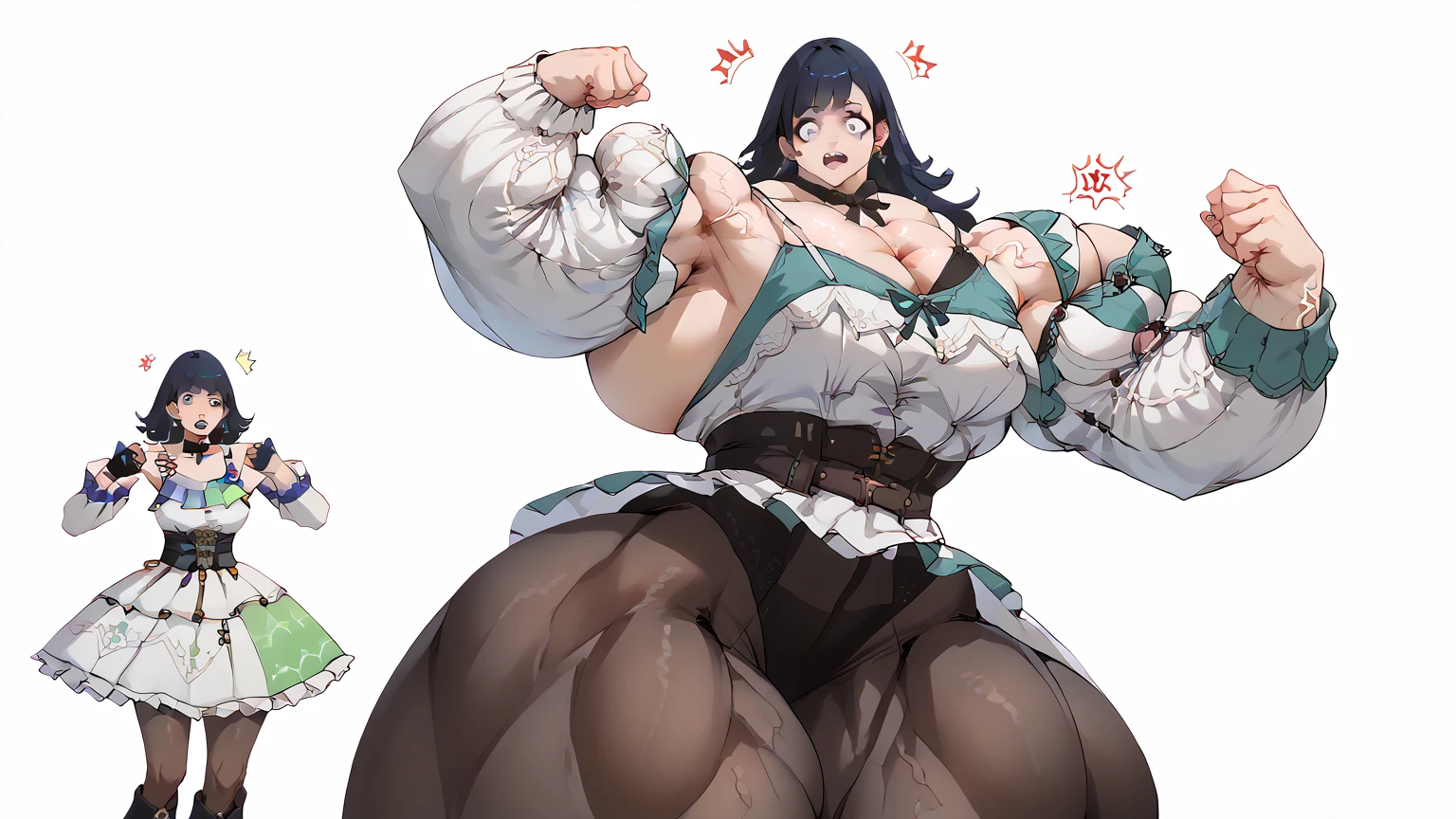 grey background ((1 girl)) ((((muscular)))), ((huge tits)) (thick thighs) (wide hips) (toned body) (curvy) (thick thighs) (pale skin) black hair very long hair yellow eyes angry (long dress)