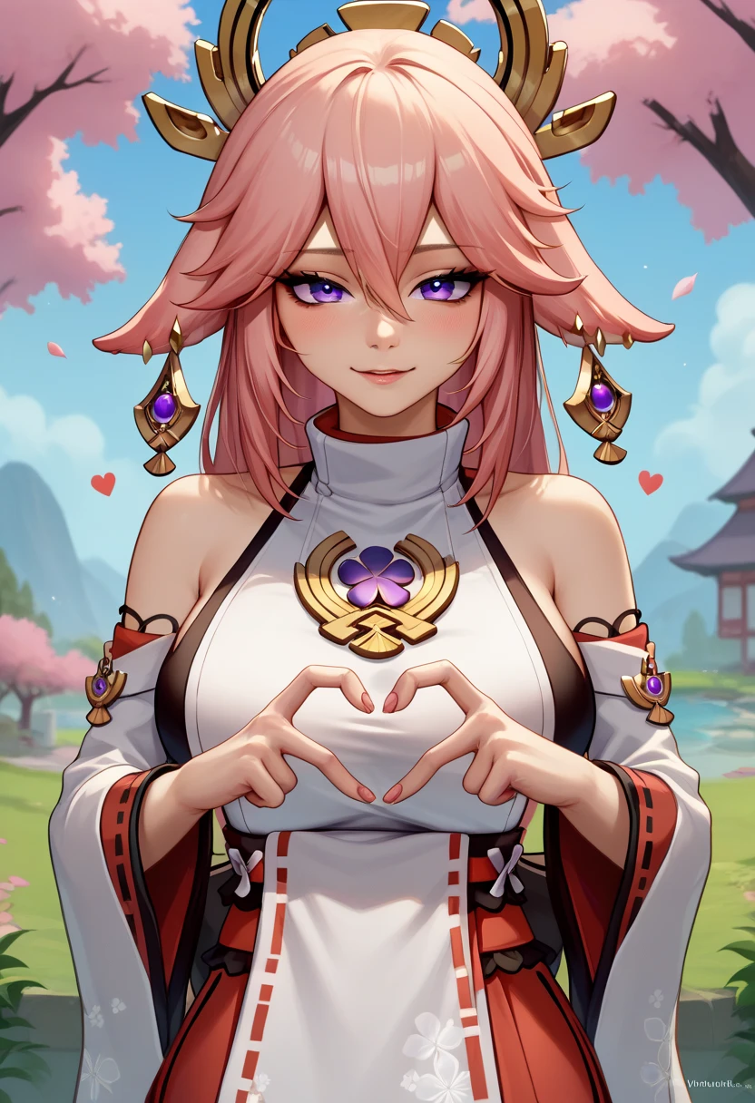 score_9, score_8_up, score_7_up, source_anime, 1girl, yae miko, headpat, pov hands, <lora:Headpat_XLPD:1>, cowboy shot, closed eyes, blush, shy, outdoors, cherry blossoms,